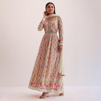 White And Pink Embroidered Anarkali Set