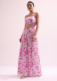 White And Pink Floral Croptop And Palazzo Set