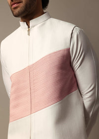 White And Pink Pintuck Kurta Jacket Set For Men