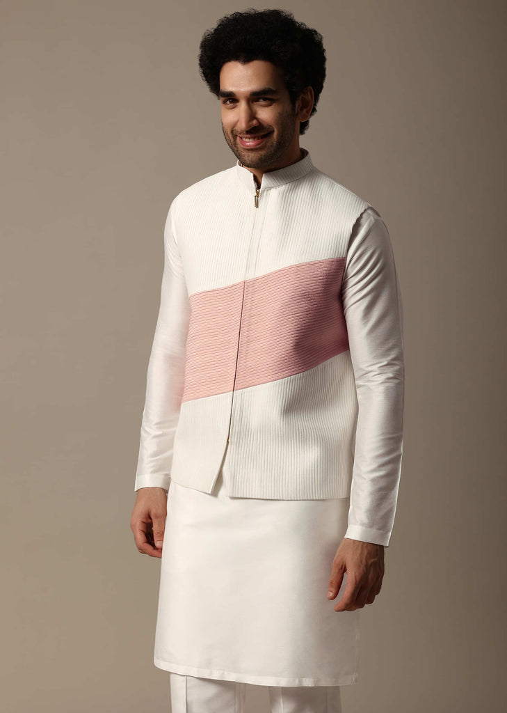 White And Pink Pintuck Kurta Jacket Set For Men