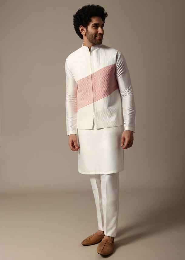 White And Pink Pintuck Kurta Jacket Set For Men