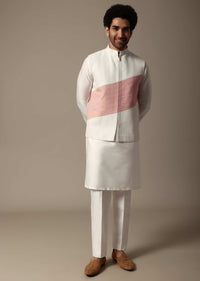 White And Pink Pintuck Kurta Jacket Set For Men