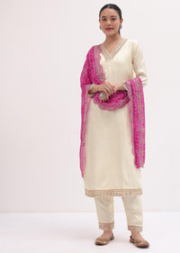 White And Pink Printed Cotton Kurta Pant Set