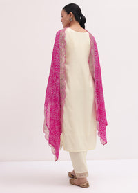 White And Pink Printed Cotton Kurta Pant Set