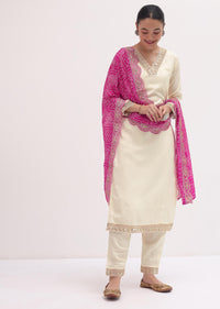 White And Pink Printed Cotton Kurta Pant Set