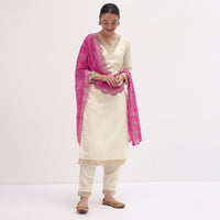 White And Pink Printed Cotton Kurta Pant Set