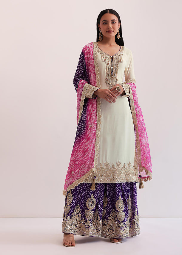 White And Purple Palazzo Set With Pink Dupatta