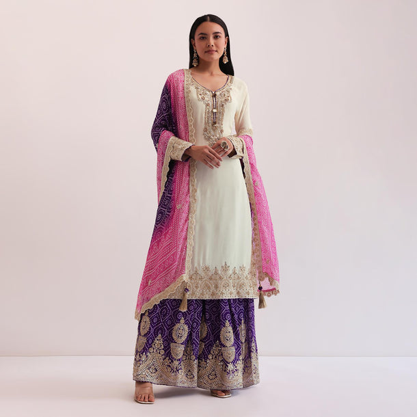 White And Purple Palazzo Set With Pink Dupatta