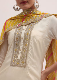 White And Yellow Embroidered Kurta Palazzo Set