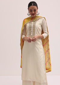 White And Yellow Embroidered Kurta Palazzo Set
