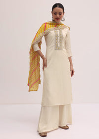 White And Yellow Embroidered Kurta Palazzo Set