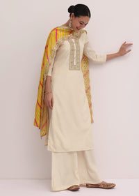 White And Yellow Embroidered Kurta Palazzo Set