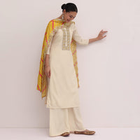 White And Yellow Embroidered Kurta Palazzo Set