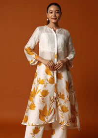White And Yellow Floral Printed Crop Top And Palazzo Set