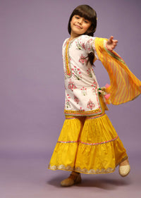 Kalki Girls White and yellow sharara suit with floral print by fayon kids