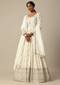 White Banarasi Anarkali Set With Sequin Work