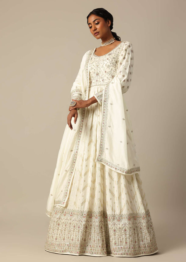 White Banarasi Anarkali Set With Sequin Work