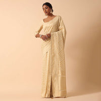 White Banarasi Khaddi Saree With Unstitched Blouse Fabric