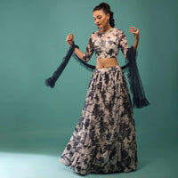 White Blouse And Skirt Set With Midnight Blue Floral Print Along With Frills And Sequins