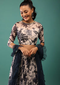 White Blouse And Skirt Set With Midnight Blue Floral Print Along With Frills And Sequins