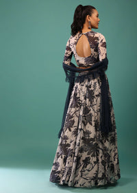 White Blouse And Skirt Set With Midnight Blue Floral Print Along With Frills And Sequins