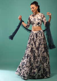 White Blouse And Skirt Set With Midnight Blue Floral Print Along With Frills And Sequins