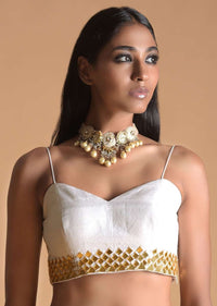 White Blouse In Raw Silk With Mirror Work And Spaghetti Straps On the Shoulders