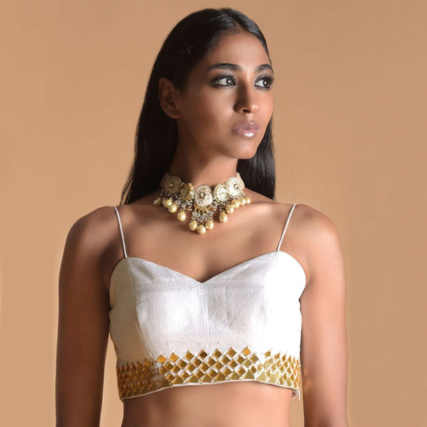 White Blouse In Raw Silk With Mirror Work And Spaghetti Straps On the Shoulders