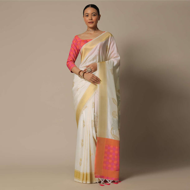 White Brocade Silk Saree With Contrast Check Design Pallu