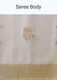 White Brocade Silk Saree With Contrast Check Design Pallu