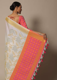 White Brocade Silk Saree With Contrast Check Design Pallu
