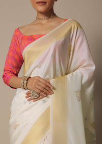 White Brocade Silk Saree With Contrast Check Design Pallu