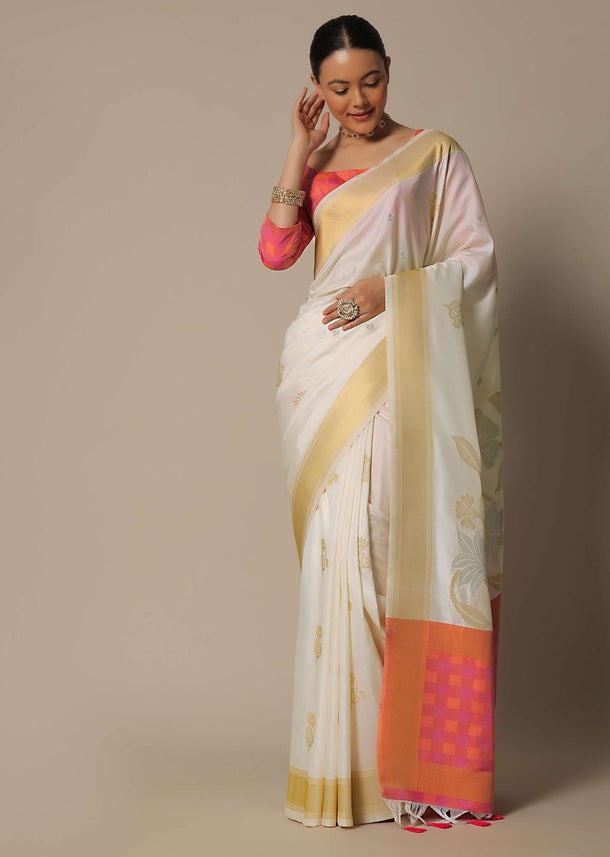 White Brocade Silk Saree With Contrast Check Design Pallu