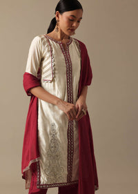 White Chanderi Silk Kurta Set With Colorblock Detail