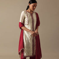 White Chanderi Silk Kurta Set With Colorblock Detail