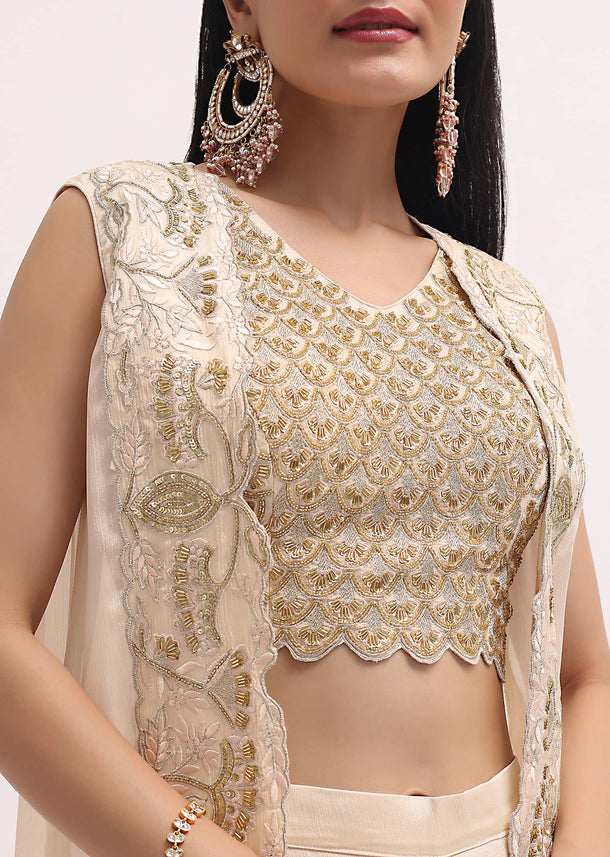 White Chiffon Palazzo With Embroidered CropTop And Jacket