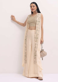 White Chiffon Palazzo With Embroidered CropTop And Jacket