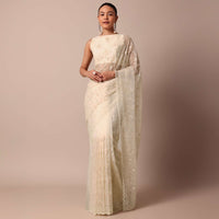 White Chikankari Saree In Organza Silk With Beaded Scallop Detail And Unstitched Blouse Fabric