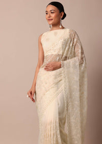 White Chikankari Saree In Organza Silk With Beaded Scallop Detail And Unstitched Blouse Fabric