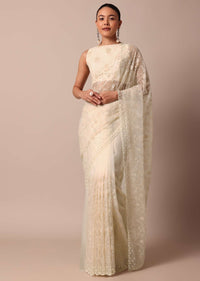 White Chikankari Saree In Organza Silk With Beaded Scallop Detail And Unstitched Blouse Fabric