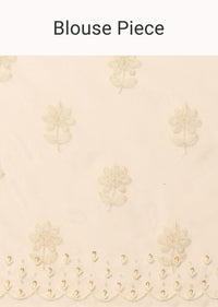 White Chikankari Saree In Organza Silk With Beaded Scallop Detail And Unstitched Blouse Fabric