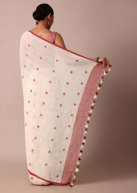White Cotton Linen Saree With Red Polka Dots And Unstitched Blouse Piece