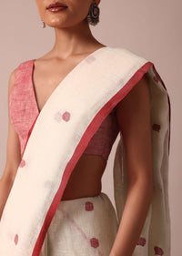 White Cotton Linen Saree With Red Polka Dots And Unstitched Blouse Piece