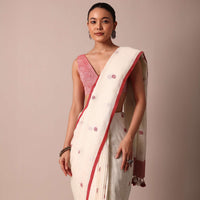 White Cotton Linen Saree With Red Polka Dots And Unstitched Blouse Piece