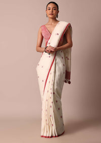 White Cotton Linen Saree With Red Polka Dots And Unstitched Blouse Piece