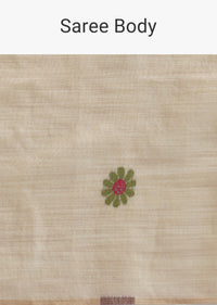 White Cotton Linen Saree With Thread Work And Unstitched Blouse