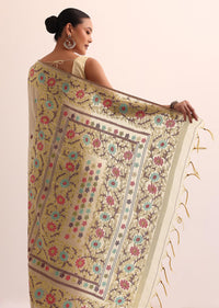 White Cotton Linen Saree With Thread Work And Unstitched Blouse