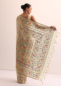 White Cotton Linen Saree With Thread Work And Unstitched Blouse