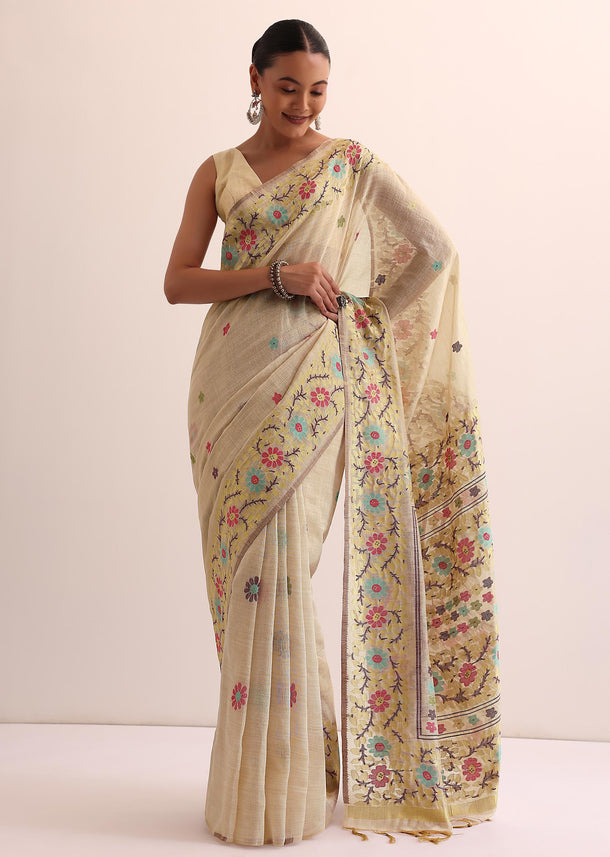 White Cotton Linen Saree With Thread Work And Unstitched Blouse