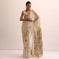 White Cotton Linen Saree With Thread Work And Unstitched Blouse